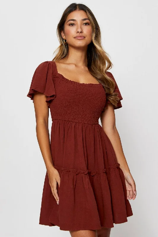 Brown Smocking Bust Skater Dress Beaded unclassified dresses