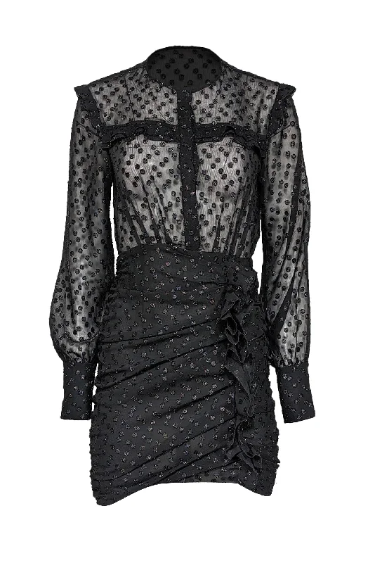 Isabel Marant - Black Semi Sheer Metallic Polka Dot Ruffle Detail Dress Sz 4 Sleeveless unclassified dresses