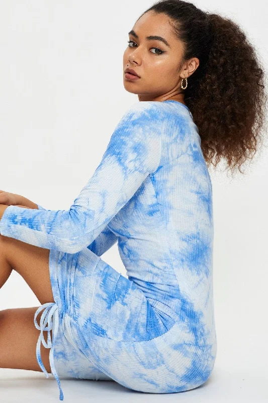 Print Tie Dye Ruched Drawstring Dress Casual unclassified dresses