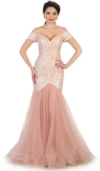 May Queen - V-neck/Off-Shoulder Mermaid Evening Dress MQ1495 - 1 pc Burgundy in Size 6 Available Smocked unclassified dresses