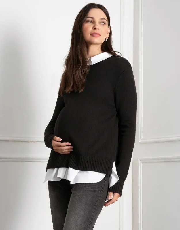 Knit Maternity & Nursing Jumper with Woven Shirt - Black Chiffon unclassified dresses
