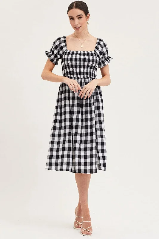 Check Shirred Dress Short Sleeve Midi Chic unclassified dresses