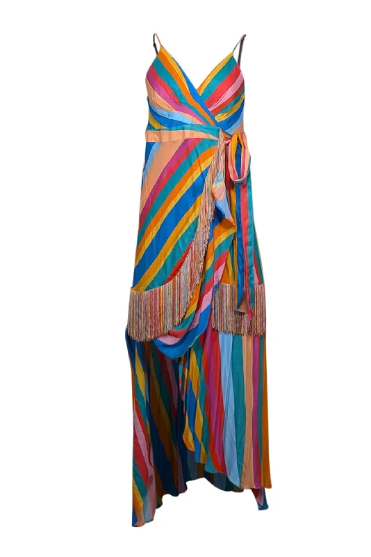 Farm Rio - Rainbow Striped Wrap Dress w/ Fringe Trim Sz S Mesh unclassified dresses