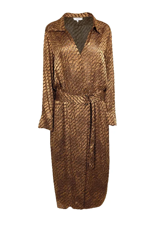 Reiss - Bronze & Brown Zig-Zag Print Belted Shirtdress Sz 12 Beach unclassified dresses