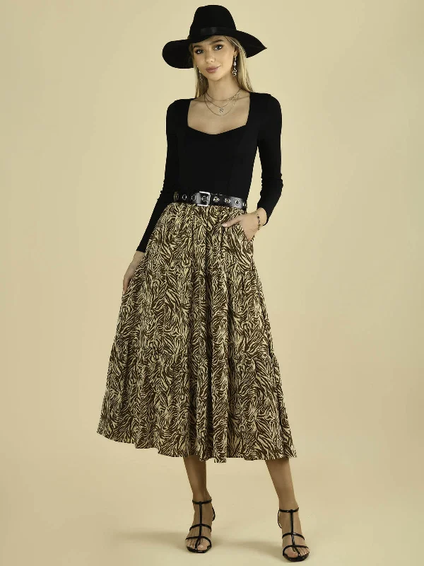 Jolie Moi Sara Animal Print Midi Skirt, Khaki Zebra Vacation unclassified dresses