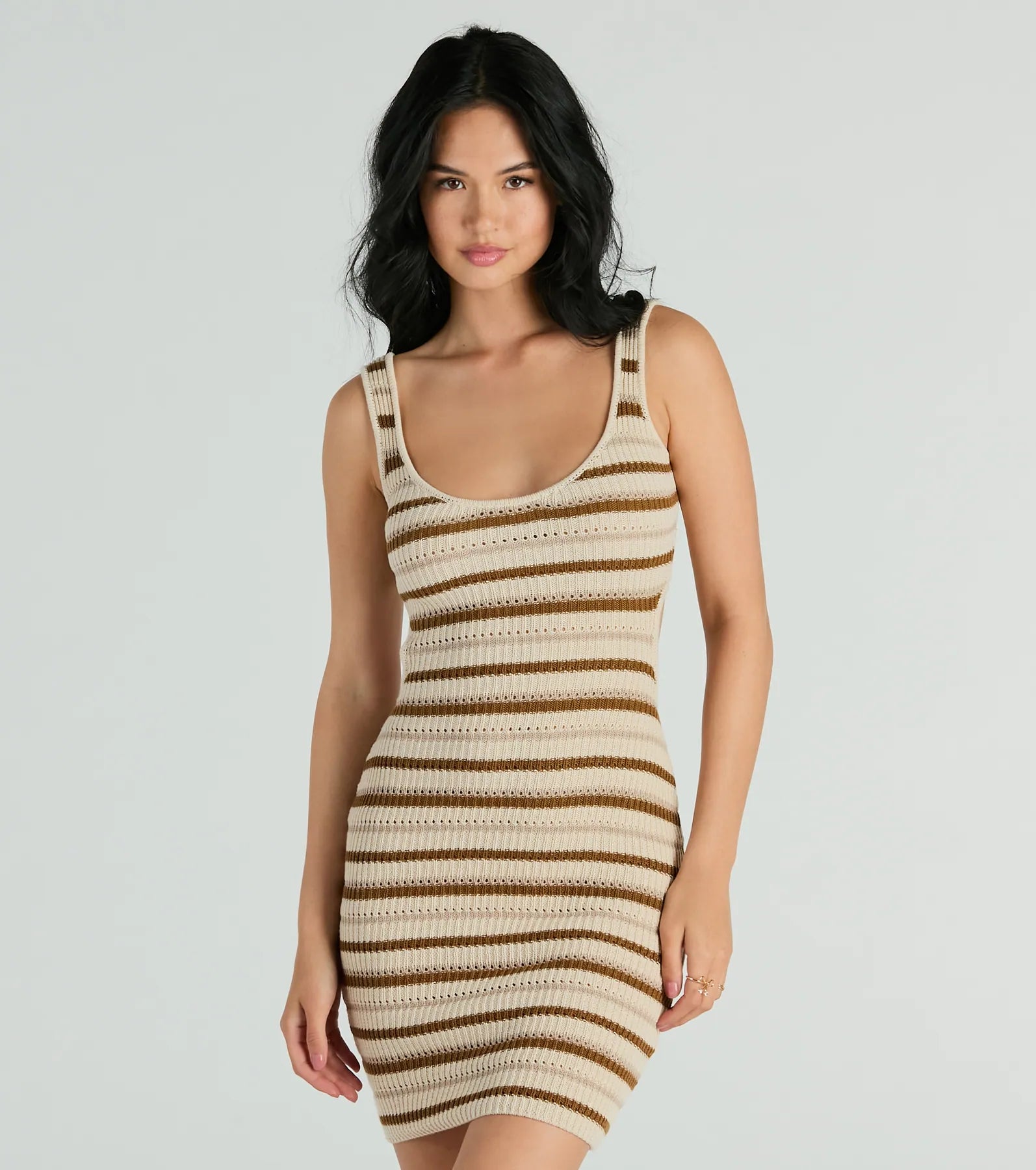 Perfect Match Sleeveless Striped Ribbed Knit Mini Dress Denim unclassified dresses