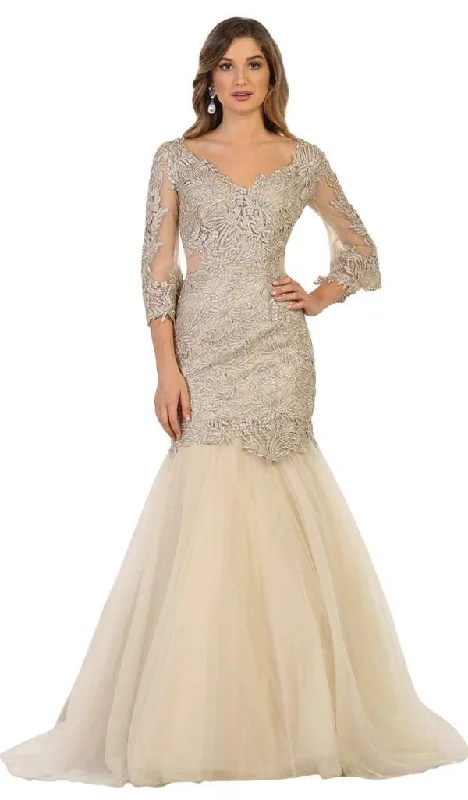May Queen - May Queen - RQ7542 Embroidered V-Neck Trumpet Evening Gown Anniversary unclassified dresses
