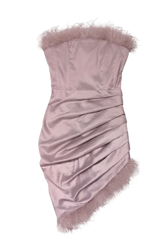Lavish Alice - Pink Satin Feather Trim Strapless Dress Sz 2 Fall unclassified dresses