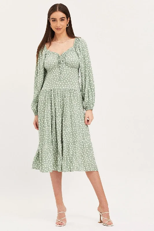 Geo Print Dress Long Sleeve Midi Sleeveless unclassified dresses