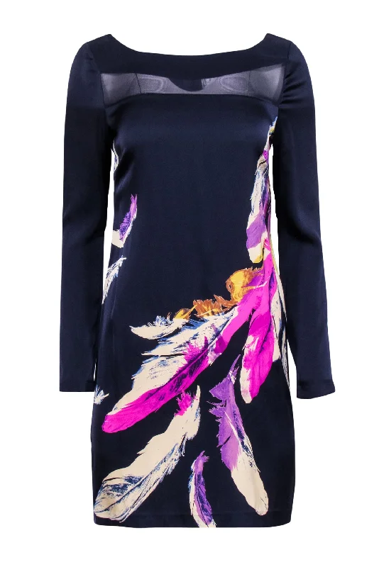 Yoana Baraschi - Navy & Multi Color Feather Print Silk Blend Dress Sz 6 Winter unclassified dresses Yoana Baraschi - Navy & Multi Color Feather Print Silk Blend Dress Sz 6 Winter unclassified dresses