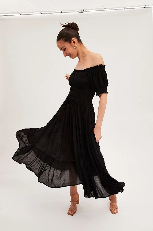 Black Maxi Dress Puff Sleeve Square Neck Minimalist unclassified dresses