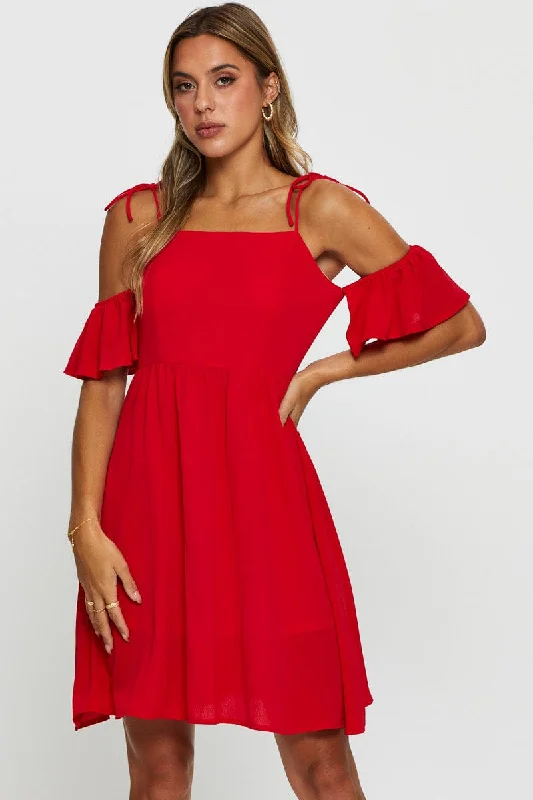 Red Mini Dress Off Shoulder Round Neck Breathable unclassified dresses