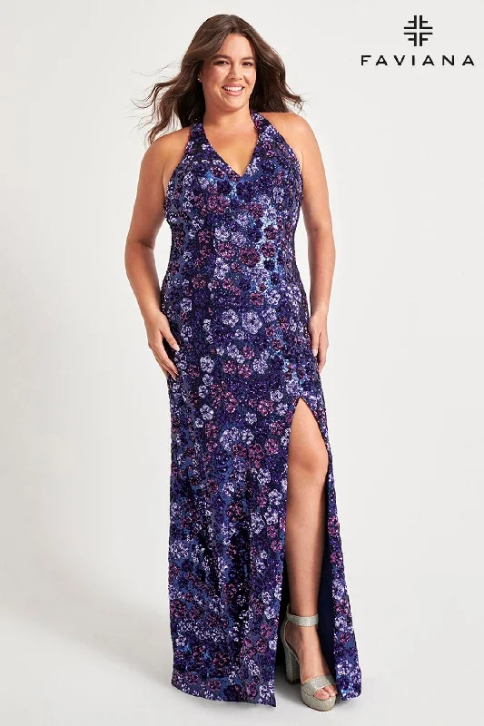 Sequin Halter Neck Plus Size Dress With Floral Design | 9560 Color block unclassified dresses