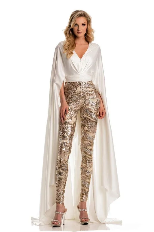 Johnathan Kayne Cape Sleeve Metallic Sequin Jumpsuit 8053 - 1 pc Champagne/White in Size 6 Available Backless unclassified dresses Johnathan Kayne Cape Sleeve Metallic Sequin Jumpsuit 8053 - 1 pc Champagne/White in Size 6 Available Backless unclassified dresses
