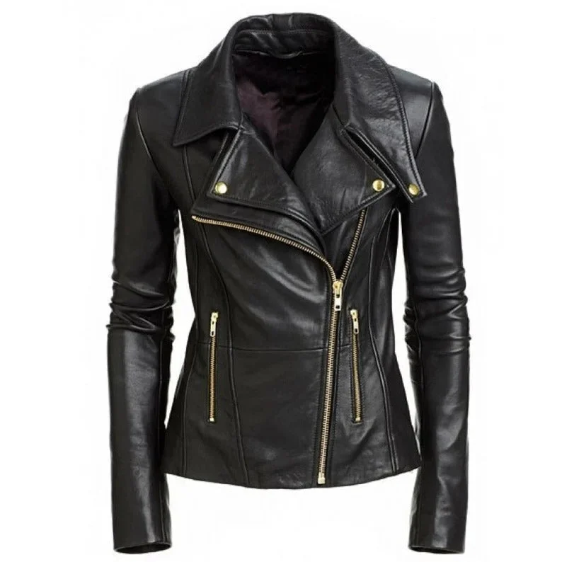 Women's Black Slim Fit Biker Leather Jacket Women's casual jackets