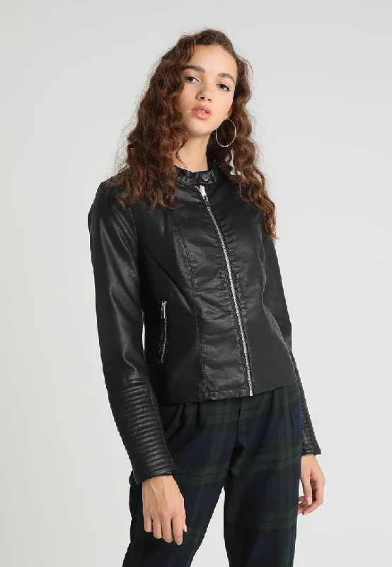 Women’s Black Leather Biker Jacket Ban Collar Women's Patagonia jackets