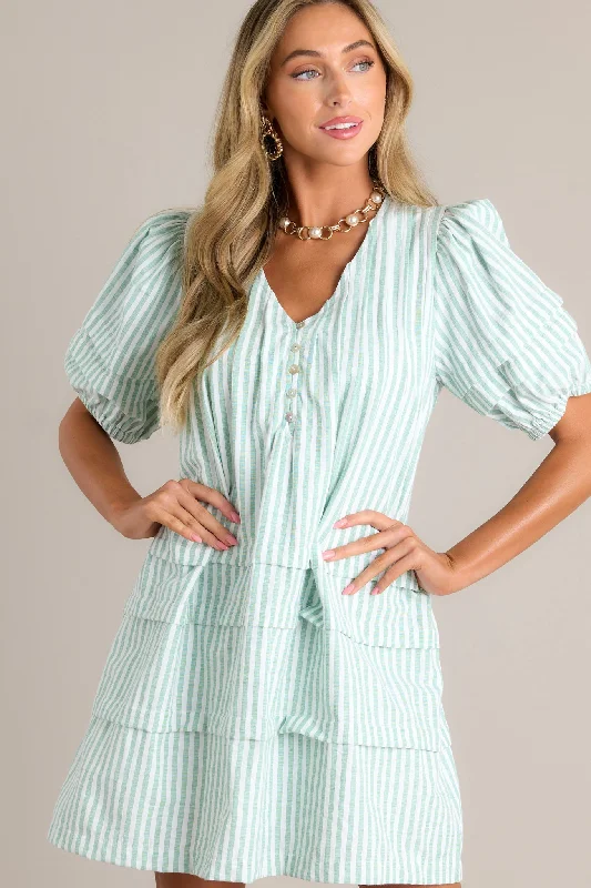 Adore You Mint Green Stripe Puff Sleeve Mini Dress Smocked mini dresses