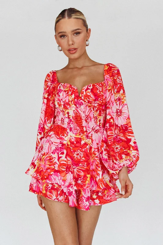 Evanice Shirred Waist Romper Floral Red Winter mini dresses