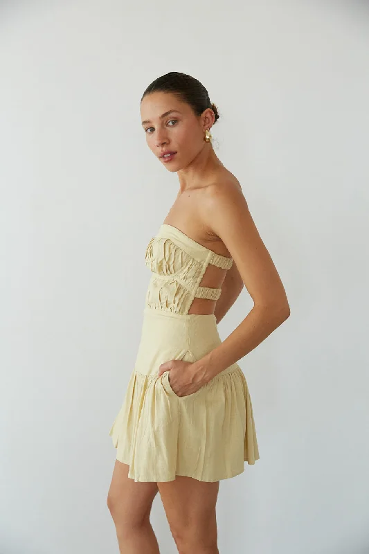 Indie Strapless Open Back Linen Mini Dress Flowy mini dresses