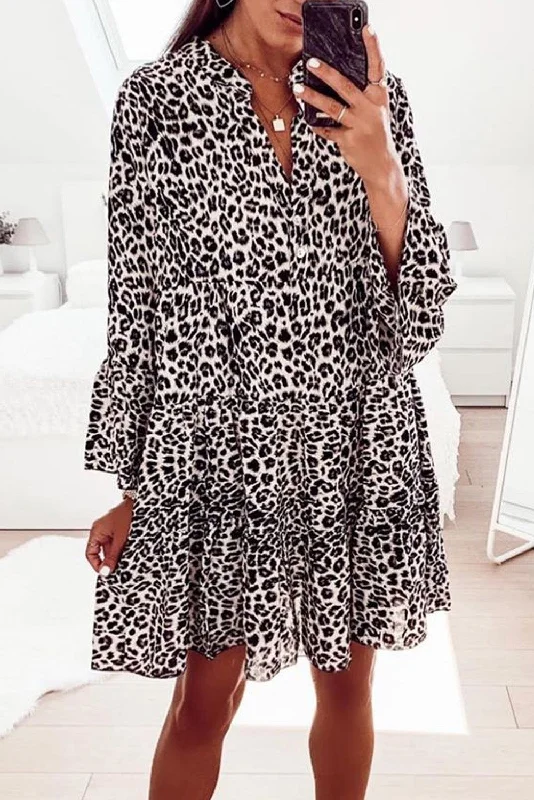 Print V neck Ruffle Swing Mini Dress Prom mini dresses