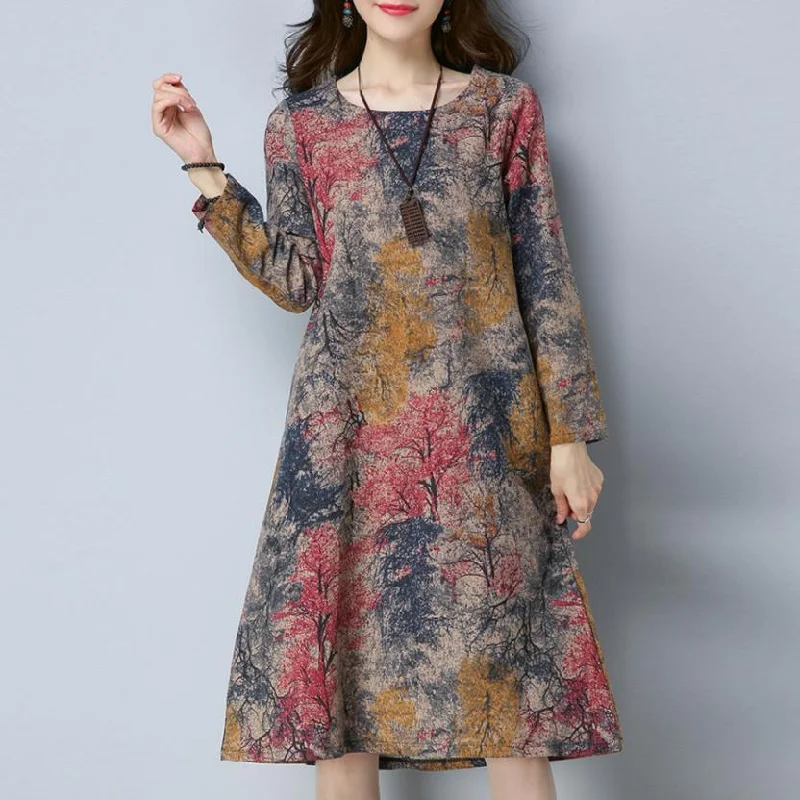 Long Sleeve O Neck Pocket Cotton Loose Dress Vacation maxi dresses