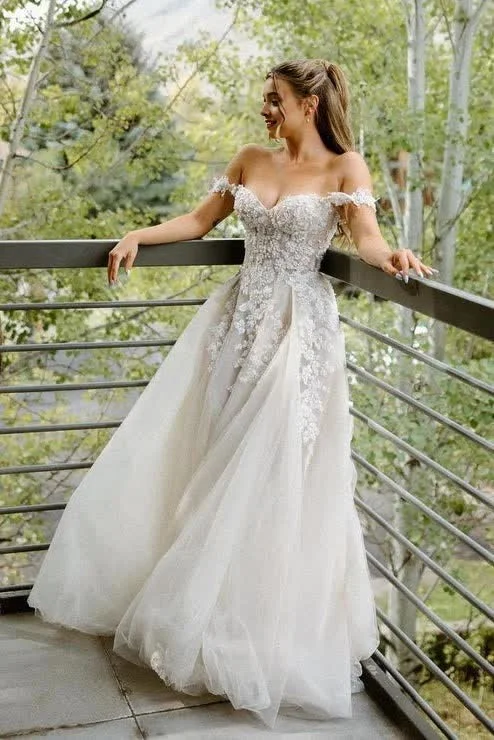 A Line Off the Shoulder Appliques Long Wedding Dresses Bridal Gown Satin Wedding Dress