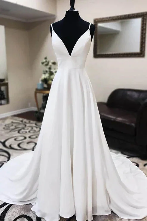 A-line Spaghetti Straps Lace Appliques Simple Wedding Dress Elegant A-line Gown