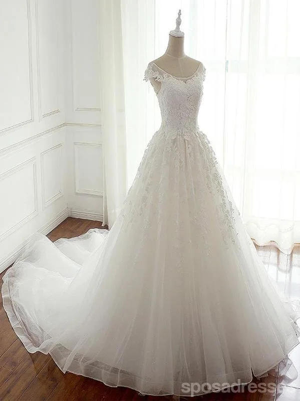 Cap Sleeve Scoop Neckline Lace A line Wedding Bridal Dresses, Cheap Custom Made Wedding Bridal Dresses, WD274 Simple Satin Gown