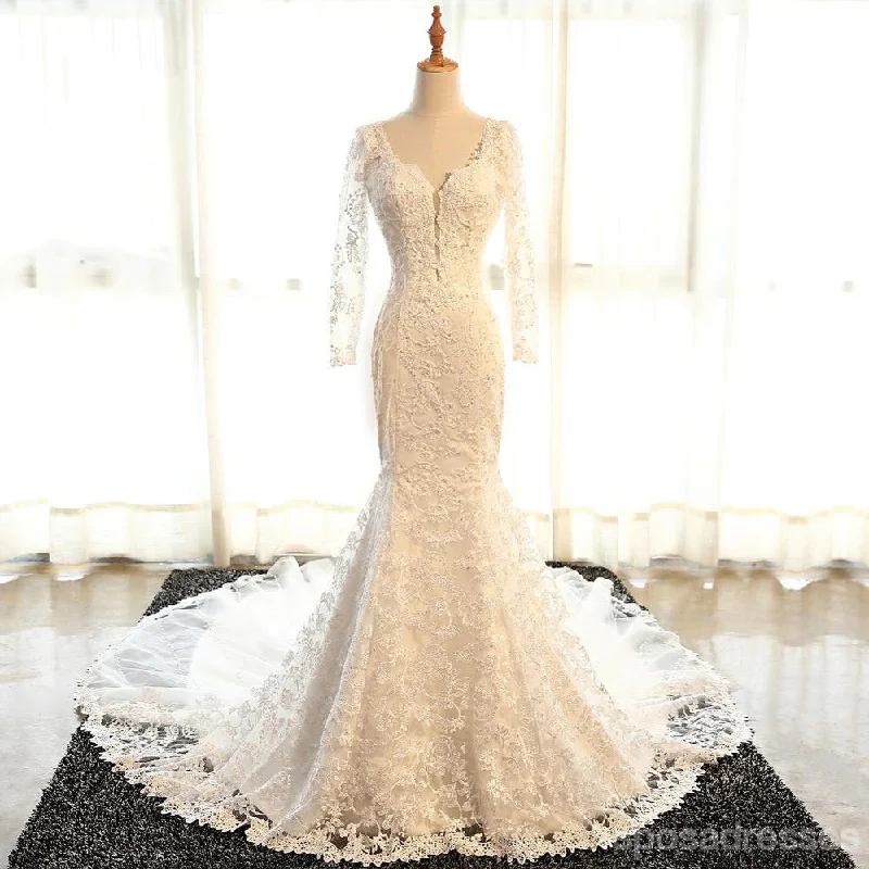 Sexy Backless Long Sleeve Lace Mermaid Wedding Bridal Dresses, Cheap Custom Made Wedding Bridal Dresses, WD272 Beaded Wedding Gown