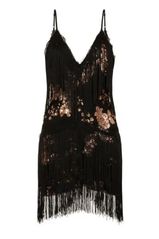 Milan Black Rose Gold Plunge Floral Sequin Fringe Dress Versatile floral dresses for all occasions
