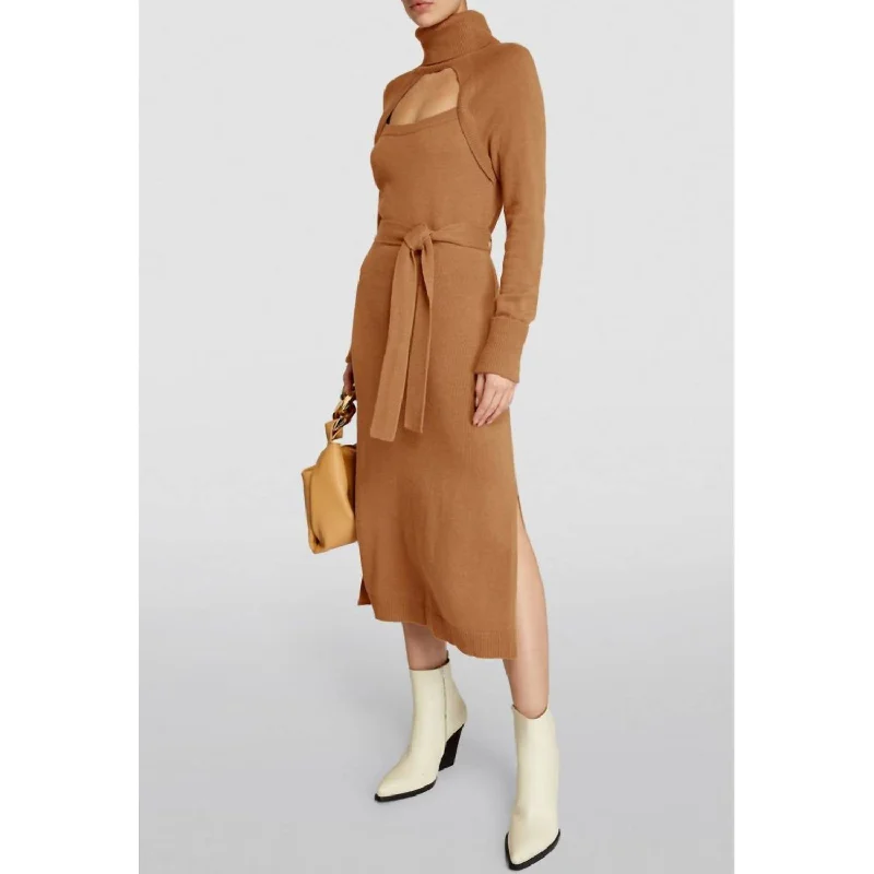 Cherise Cutout Sweater Midi Dress In Toffee Printed Midi Outfit