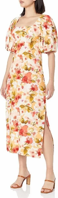 Floral Print Pleated Puff Sleeve Midi Dress In Orange Multi Ribbed Midi Skirt