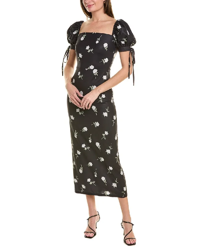 JL Luxe Puff Sleeve Midi Dress Soft Pleated Midi