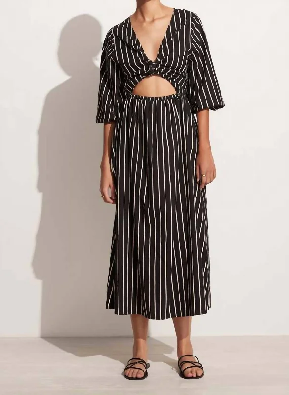 Monikh Midi Dress In Adia Stripe Print - Black Button-down Midi Skirt