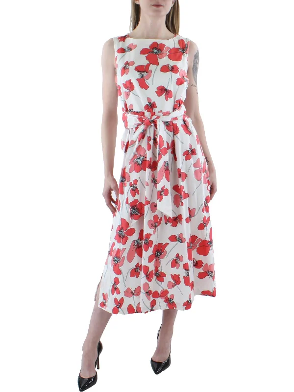 Womens Floral Belted Midi Dress Printed Floral Midi