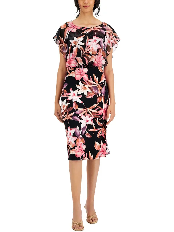 Womens Jersey Printed Overlay Midi Dress Flared Midi Skirt